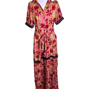 Mulla Maxi Shirt Dress w Pockets Large Women Pink Floral Bohemian Crochet Belted